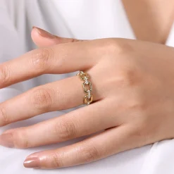 New Gabriel & Co. 14K Yellow Gold Chain Link Stackable Ring Band with Diamond Connectors