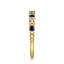 Best Gabriel & Co. 14K Yellow Gold Clover Bujukan and Round Shape Stackable Ring with Chrome Blue Enamel