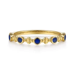Best Gabriel & Co. 14K Yellow Gold Clover Bujukan and Round Shape Stackable Ring with Chrome Blue Enamel