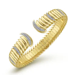 Best Gabriel & Co. 14K Yellow Gold Crescent Moon Open Cuff Bracelet with Diamond Pave Stations