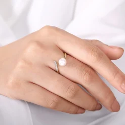 Gabriel & Co. 14K Yellow Gold Cultured Pearl and Diamond Open Wrap Ring