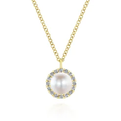Gabriel & Co. 14K Yellow Gold Cultured Pearl and Diamond Halo Pendant Necklace