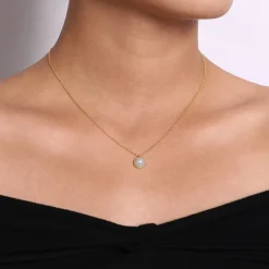 Gabriel & Co. 14K Yellow Gold Cultured Pearl and Diamond Halo Pendant Necklace