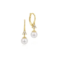 New Gabriel & Co. 14K Yellow Gold Cultured Pearl Diamond Drop Earrings