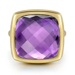 Sale Gabriel & Co. 14K Yellow Gold Cushion Cut Amethyst Ladies Ring With Flower Pattern J-Back