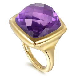 Sale Gabriel & Co. 14K Yellow Gold Cushion Cut Amethyst Ladies Ring With Flower Pattern J-Back