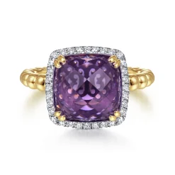 Gabriel & Co. 14K Yellow Gold Cushion Cut Amethyst and Diamond Halo Ring
