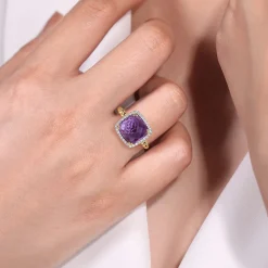 Gabriel & Co. 14K Yellow Gold Cushion Cut Amethyst and Diamond Halo Ring