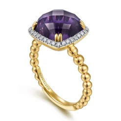 Gabriel & Co. 14K Yellow Gold Cushion Cut Amethyst and Diamond Halo Ring