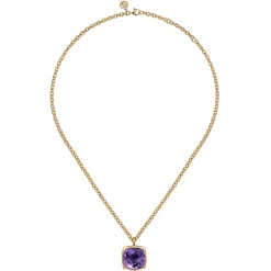 Clearance Gabriel & Co. 14K Yellow Gold Cushion Cut Amethyst Necklace With Flower Pattern J-Back and Bezel Setting