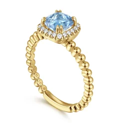 New Gabriel & Co. 14K Yellow Gold Cushion Cut Aquamarine and Diamond Halo Ring