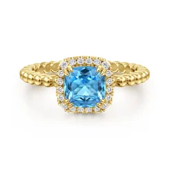 Online Gabriel & Co. 14K Yellow Gold Cushion Cut Blue Topaz and Diamond Halo Ring