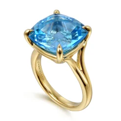 Discount Gabriel & Co. 14K Yellow Gold Cushion Cut Blue Topaz Ladies Ring