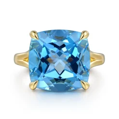 Discount Gabriel & Co. 14K Yellow Gold Cushion Cut Blue Topaz Ladies Ring