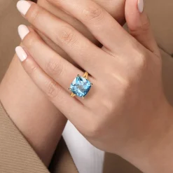 Discount Gabriel & Co. 14K Yellow Gold Cushion Cut Blue Topaz Ladies Ring