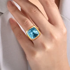 Clearance Gabriel & Co. 14K Yellow Gold Cushion Cut Blue Topaz Ladies Ring With Flower Pattern J-Back
