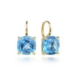 New Gabriel & Co. 14K Yellow Gold Cushion Cut Blue Topaz Earrings