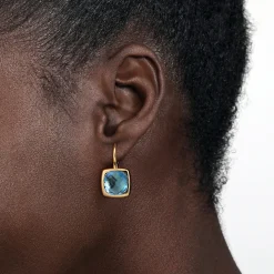 Best Gabriel & Co. 14K Yellow Gold Cushion Cut Blue Topaz Earrings With Flower Pattern J-Back