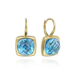 Best Gabriel & Co. 14K Yellow Gold Cushion Cut Blue Topaz Earrings With Flower Pattern J-Back