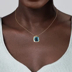Sale Gabriel & Co. 14K Yellow Gold Cushion Cut Blue Topaz Necklace With Flower Pattern J-Back and Bezel Setting