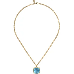 Sale Gabriel & Co. 14K Yellow Gold Cushion Cut Blue Topaz Necklace With Flower Pattern J-Back and Bezel Setting