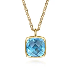Sale Gabriel & Co. 14K Yellow Gold Cushion Cut Blue Topaz Necklace With Flower Pattern J-Back and Bezel Setting