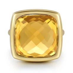 Clearance Gabriel & Co. 14K Yellow Gold Cushion Cut Citrine Ladies Ring With Flower Pattern J-Back