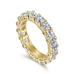 Gabriel & Co. 14K Yellow Gold Cushion Cut Diamond Eternity Band with Heart Prongs - 4.06 ct
