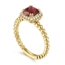 Clearance Gabriel & Co. 14K Yellow Gold Cushion Cut Garnet and Diamond Halo Ring