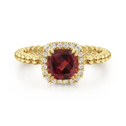 Clearance Gabriel & Co. 14K Yellow Gold Cushion Cut Garnet and Diamond Halo Ring