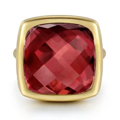 Hot Gabriel & Co. 14K Yellow Gold Cushion Cut Garnet Ladies Ring With Flower Pattern J-Back