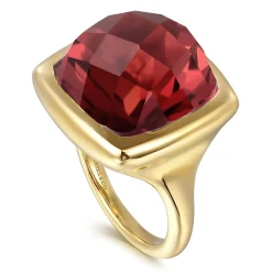 Hot Gabriel & Co. 14K Yellow Gold Cushion Cut Garnet Ladies Ring With Flower Pattern J-Back