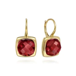 New Gabriel & Co. 14K Yellow Gold Cushion Cut Garnet Earrings With Flower Pattern J-Back