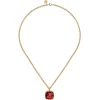 Sale Gabriel & Co. 14K Yellow Gold Cushion Cut Garnet Necklace With Flower Pattern J-Back and Bezel Setting
