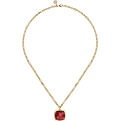 Sale Gabriel & Co. 14K Yellow Gold Cushion Cut Garnet Necklace With Flower Pattern J-Back and Bezel Setting