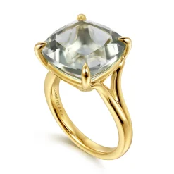 Clearance Gabriel & Co. 14K Yellow Gold Cushion Cut Green Amethyst Ladies Ring