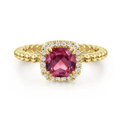 Best Gabriel & Co. 14K Yellow Gold Cushion Cut Pink Tourmaline and Diamond Halo Ring