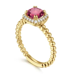 Best Gabriel & Co. 14K Yellow Gold Cushion Cut Pink Tourmaline and Diamond Halo Ring