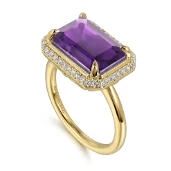 New Gabriel & Co. 14K Yellow Gold Diamond and Amethyst Emerald Cut Ladies Ring With Flower Pattern Gallery