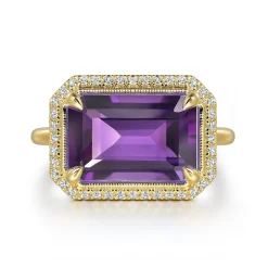 New Gabriel & Co. 14K Yellow Gold Diamond and Amethyst Emerald Cut Ladies Ring With Flower Pattern Gallery