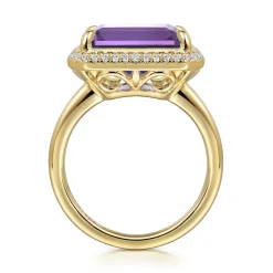 New Gabriel & Co. 14K Yellow Gold Diamond and Amethyst Emerald Cut Ladies Ring With Flower Pattern Gallery