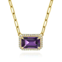 Sale Gabriel & Co. 14K Yellow Gold Diamond and Amethyst Emerald Cut Necklace With Flower Pattern Gallery