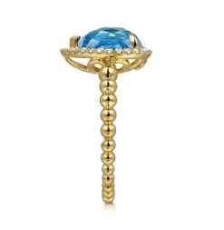 New Gabriel & Co. 14K Yellow Gold Diamond and Blue Topaz Pear Halo Ring