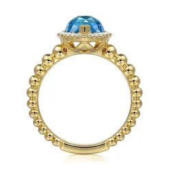 New Gabriel & Co. 14K Yellow Gold Diamond and Blue Topaz Pear Halo Ring