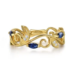 Discount Gabriel & Co. 14K Yellow Gold Diamond and Blue Sapphire Filigree Pattern Stackable Ladies Ring