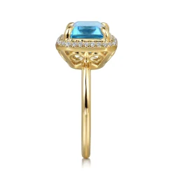 Gabriel & Co. 14K Yellow Gold Diamond and Blue Topaz Emerald Cut Ladies Ring With Flower Pattern Gallery