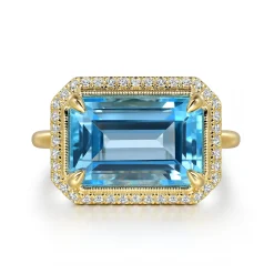 Gabriel & Co. 14K Yellow Gold Diamond and Blue Topaz Emerald Cut Ladies Ring With Flower Pattern Gallery