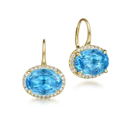 Discount Gabriel & Co. 14K Yellow Gold Diamond and Blue Topaz Oval Shape Earrings With Flower Pattern J-Back