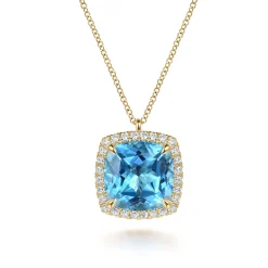 Online Gabriel & Co. 14K Yellow Gold Diamond and Blue Topaz Cushion Cut Necklace With Flower Pattern J-Back