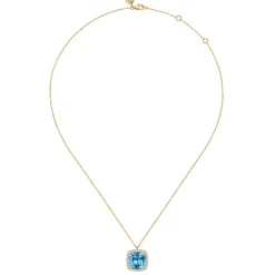 Online Gabriel & Co. 14K Yellow Gold Diamond and Blue Topaz Cushion Cut Necklace With Flower Pattern J-Back
